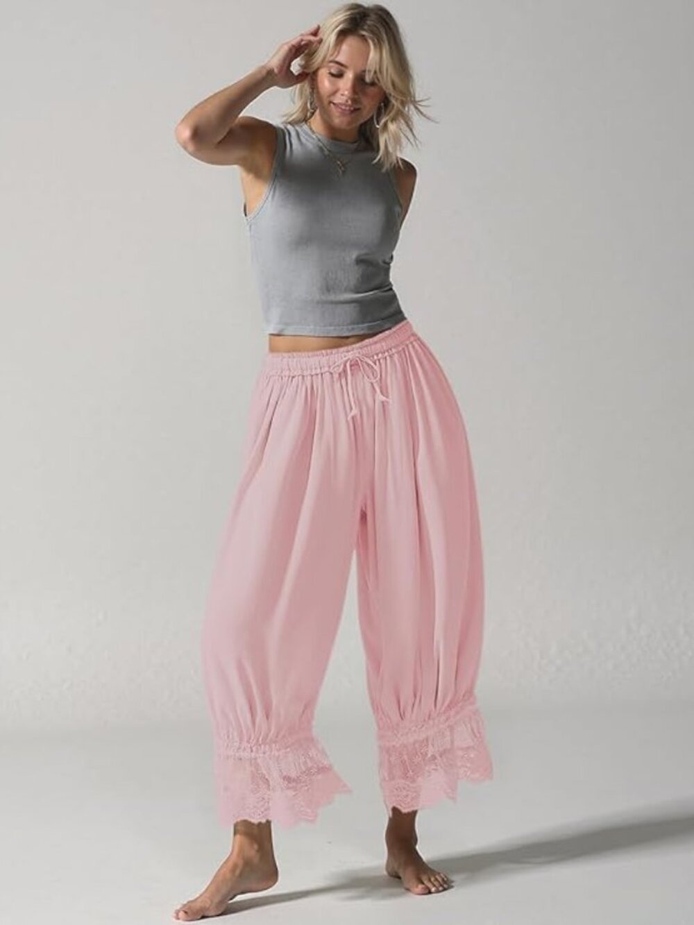 Women Linen Lace Trim Long Bloomers Pants Ruffle Victorian Vintage Pantaloons Su